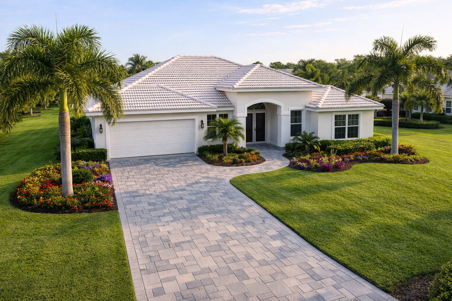 Aerial view of Naples home with roof cleaning completed