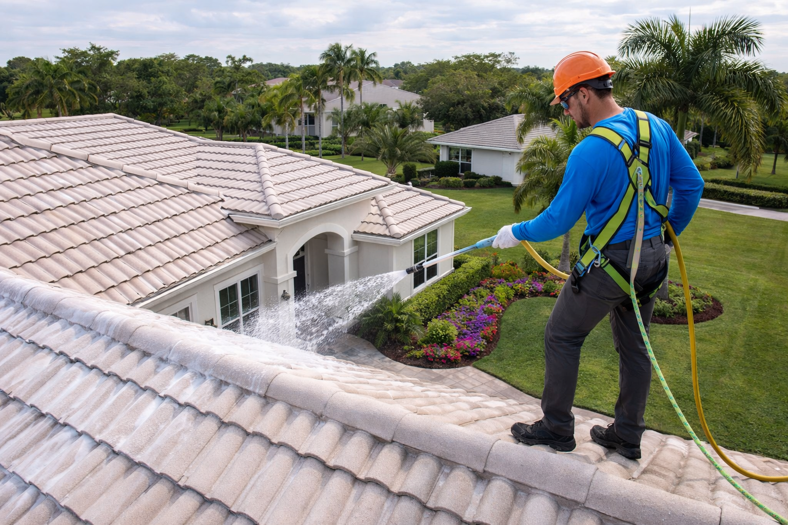 Technician performing roof cleaning